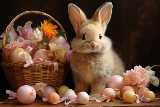 A Serene White Rabbit Surrounded by Colourful Flowers and Easter Eggs. A Rabbit Surrounded by a Pile of Colourful Easter Eggs