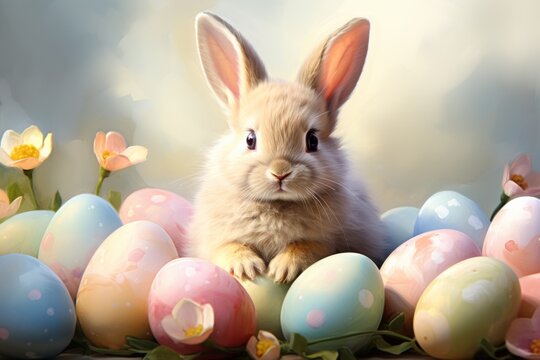 A Serene White Rabbit Surrounded by Colourful Flowers and Easter Eggs. A Rabbit Surrounded by a Pile of Colourful Easter Eggs