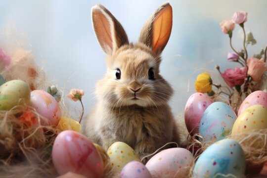 A Serene White Rabbit Surrounded by Colourful Flowers and Easter Eggs. A Rabbit Surrounded by a Pile of Colourful Easter Eggs