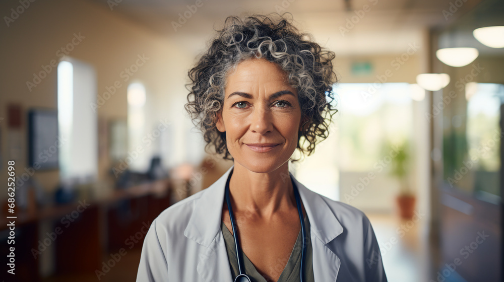 Wall mural Portrait of a mature female doctor smiling at the camera while standing against a clinic background. ai generative