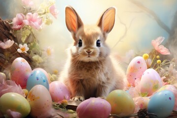 A Serene White Rabbit Surrounded by Colourful Flowers and Easter Eggs. A Rabbit Surrounded by a Pile of Colourful Easter Eggs