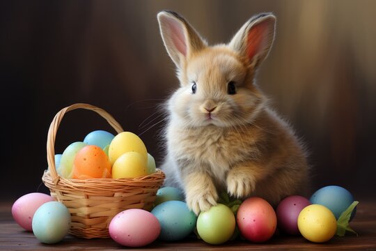 A Serene White Rabbit Surrounded by Colourful Flowers and Easter Eggs. A Rabbit Surrounded by a Pile of Colourful Easter Eggs