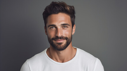 Obraz premium Portrait of handsome young man smiling and looking at camera. ai generative