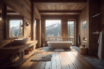 Interior of bathroom with large window in modern Swiss chalet. Beautiful mountain landscape view from window.