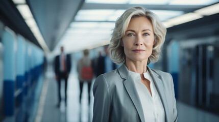 Obraz premium Portrait of a confident senior business woman standing against the backdrop of the airport. ai generative