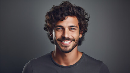 Fototapeta premium Portrait of handsome young man smiling and looking at camera. ai generative