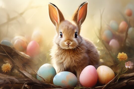 A Serene White Rabbit Surrounded by Colourful Flowers and Easter Eggs. A Rabbit Surrounded by a Pile of Colourful Easter Eggs