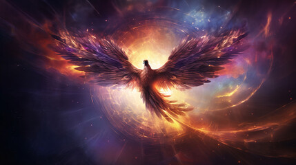 Adorable phoenix bird with majestic wings spread graces fantastical cosmic landscape signifies eternal cycle of renewal, mystical journey and symbolism of rebirth and reincarnation