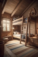 Interior of small children room with bulk bed in traditional Swiss chalet.