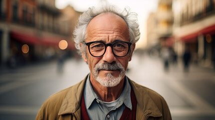 Portrait of an elderly man with glasses in the city. ai generative - obrazy, fototapety, plakaty