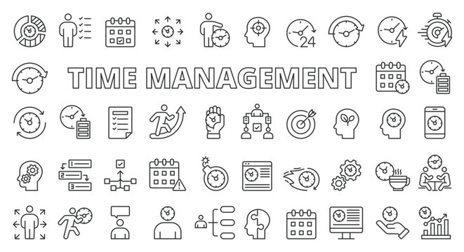 Time management icon set line design blue. Time, manager, icon, development, business vector illustrations. Time management editable stroke icons
