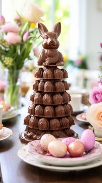 A Chocolate Easter Bunny Sitting on a Table Surrounded by Flowers. A chocolate bunny sitting on a Easter themed table next to some flowers