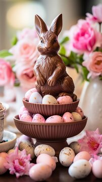 A Chocolate Easter Bunny Sitting on a Table Surrounded by Flowers. A chocolate bunny sitting on a Easter themed table next to some flowers
