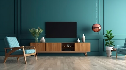 Interior of modern living room with wooden sideboard over blue wall. Generative Ai