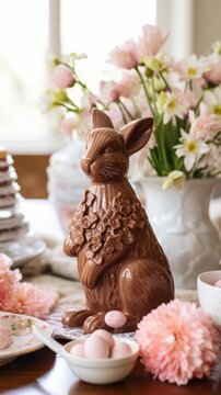 A Chocolate Easter Bunny Sitting on a Table Surrounded by Flowers. A chocolate bunny sitting on a Easter themed table next to some flowers