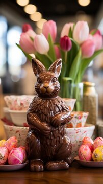 A Chocolate Easter Bunny Sitting on a Table Surrounded by Flowers. A chocolate bunny sitting on a Easter themed table next to some flowers