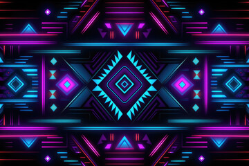 Aztec geometric pattern neon background in traditional ornamental ethnic style - obrazy, fototapety, plakaty