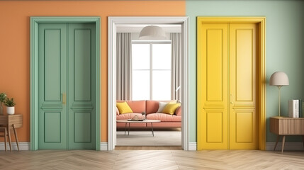 Fototapeta na wymiar Living room interior with opened doors 3d rendering, Bright color. Generative Ai