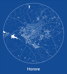 City Map Harare Zimbabwe Africa blue print round Circle vector illustration