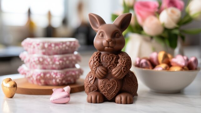 A Chocolate Easter Bunny Sitting on a Table Surrounded by Flowers. A chocolate bunny sitting on a Easter themed table next to some flowers