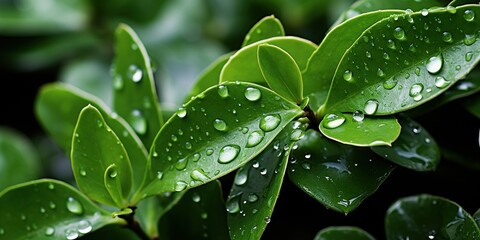 Raindrops linger on green leaves, nature's fresh jewels.