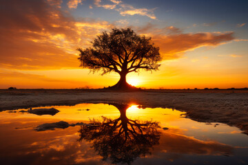 Fototapeta na wymiar reflection lonely tree in the water in the African desert against the backdrop of the orange sunset sun generative ai