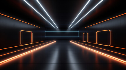 A dark, minimalist hallway in a futuristic underground hangar is illuminated by neon lights. - obrazy, fototapety, plakaty