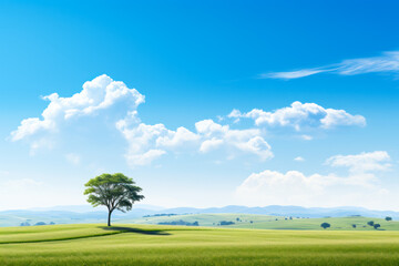 Fototapeta na wymiar beautiful tree on a green meadow with blue and white sky, summer landscape generative ai