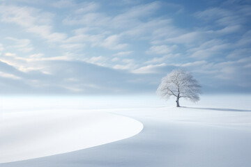 Fototapeta na wymiar lonely white tree in the middle of a snowy field. generative ai