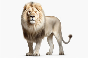 Obraz premium White lion isolated on a white background. Majestic big feline left-side view portrait.