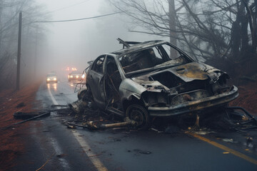 car accident due to fog, crashed vehicle  poor visibility on the road generative ai - obrazy, fototapety, plakaty