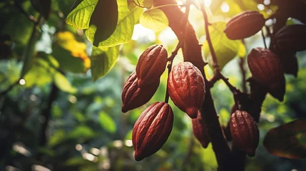 Keuken spatwand met foto Cocoa growing on trees in their natural habitat, selective focus, sunny day © sandsun