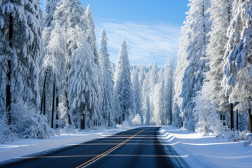 Fototapeta premium road along a snowy forest generative ai