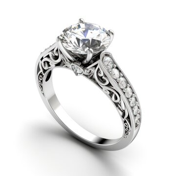 Elegant Diamond Engagement Ring with Intricate Details on White Background