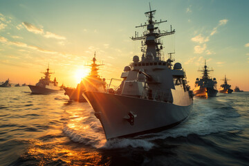 military navy sails across the sea on sunset background generative ai