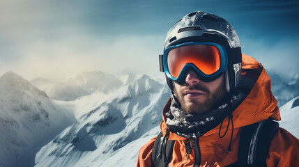 Portrait of a man in a snowboard helmet and goggles in the winter mountains