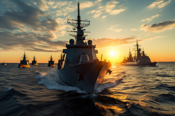 military navy sails across the sea on sunset background generative ai - obrazy, fototapety, plakaty