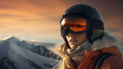 Portrait of a woman in a snowboard helmet and goggles in the winter mountains - obrazy, fototapety, plakaty