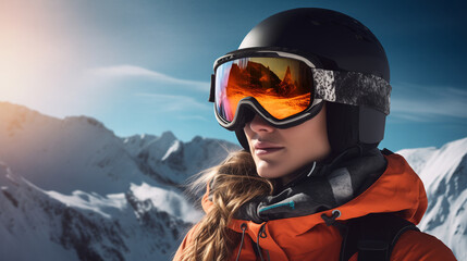Fototapeta na wymiar Portrait of a woman in a snowboard helmet and goggles in the winter mountains