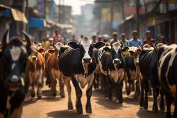 a herd of Indian cows are walking down the street generative ai