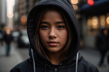 a close portrait view of a young asian girl wearing a blank dark hooded sweatshirt with kangaroo pockets on a city street - obrazy, fototapety, plakaty