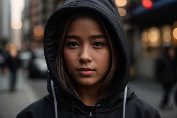 Foto op Plexiglas a close portrait view of a young asian girl wearing a blank dark hooded sweatshirt with kangaroo pockets on a city street © Bockthier
