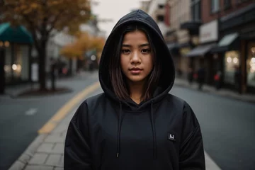  Front facing view of a young girl wearing a blank dark hooded sweatshirt with kangaroo pockets on a city street © Bockthier