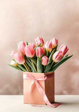 Bouquet of tulips in gift bag on pastel background. Vertical image.