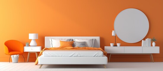 a modern bedroom with orange and white walls wooden floor king size bed and mirror table