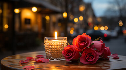 Romantic table setting features red roses and a lit candle on a wooden round table against a blurred street scene backdrop under warm intimate lighting.