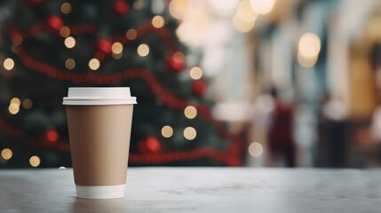 Paper cup with coffee сlose up. Coffee cup. Christmas tree with lights on the background. Holiday season. Time for drink coffee. Coffee to go. Take a break. Disposable paper cup. Mockup. Generated AI