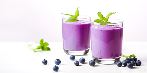 Homemade smoothie with fresh blueberries and mint leaves on a white background. Glass of blueberry...