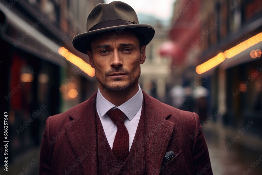 Poster a picture of a man dressed in a suit and tie, wearing a hat. this image can be used for business or 