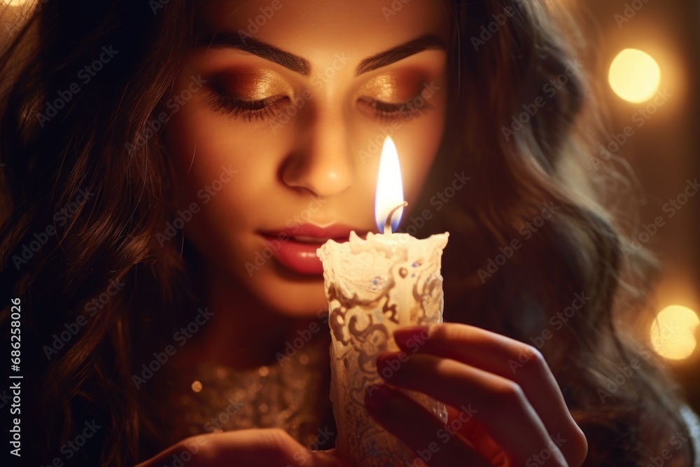 Poster A woman holding a lit candle in front of her face. This image can be used to depict mystery, solitude, spirituality, or meditation.